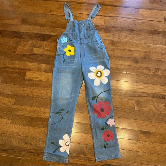 Denim - FLORAL PAINTED DENIM OVERALLS